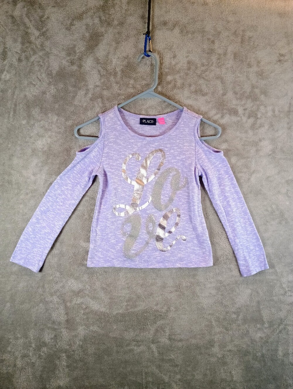 Place Girls Light Purple Cold Shoulder Top With LOVE Size 7/8